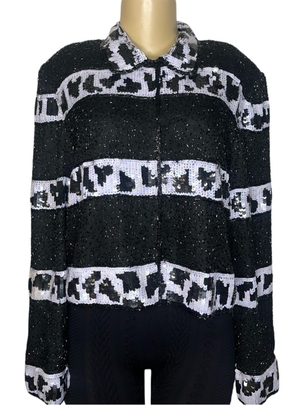 Vintage 80s J.M.C. Black & White Sequin & Beaded Cropped Jacket